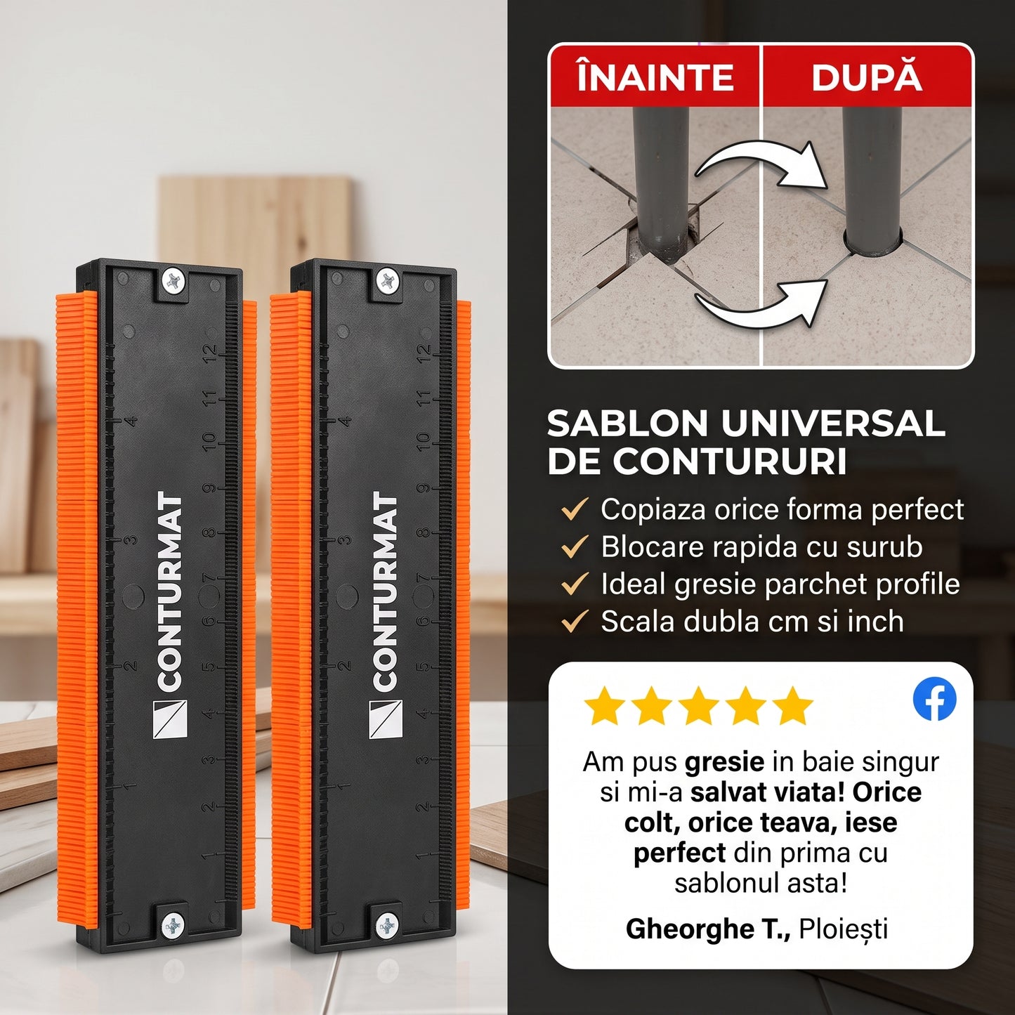 Sablonul Contur PRO - pentru măsurat la colțuri, plinte, țevi