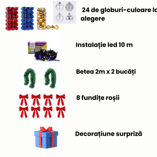Set complet de decoratiuni globuri, instalație, betea, fundițe, surpriză 🕯️